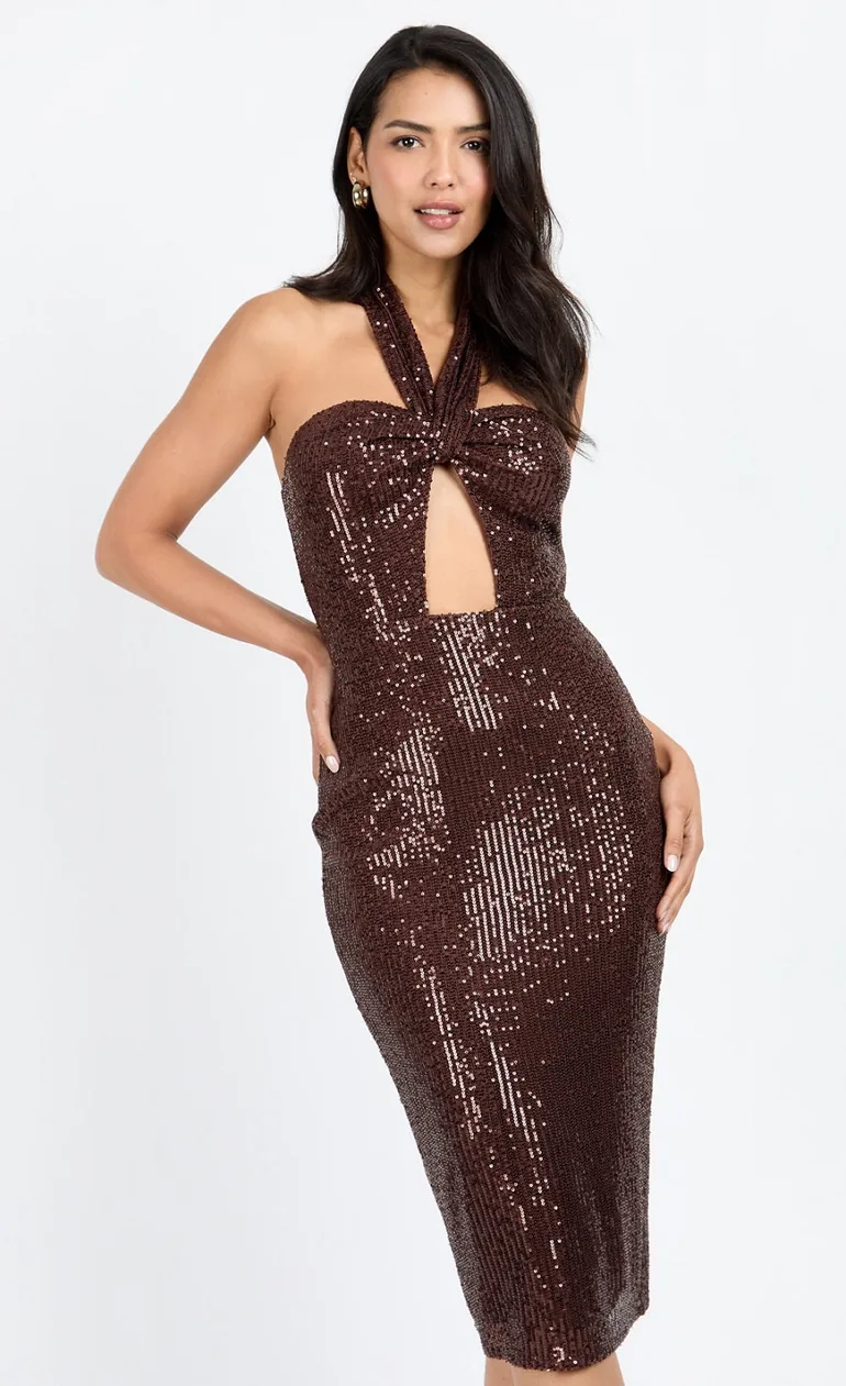 Chocolate Brown Sequin Cut-Out Midi Dress by Chloe Lewis - 3