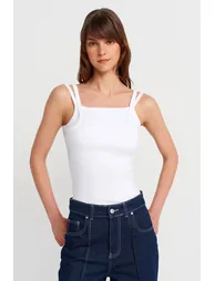 Dilvin Ribbed Sleeveless Square-neck Blouse - 1