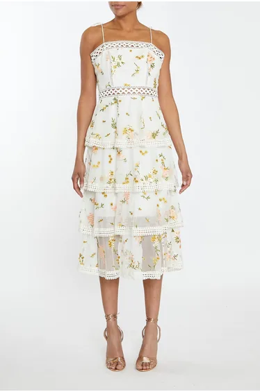 Nude-Pink Embroidery Strappy Tiered Midi-Dress