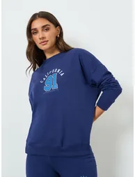 Women Navy Blue Sweatshirt and Wide Leg Pants Co-Ords - 1