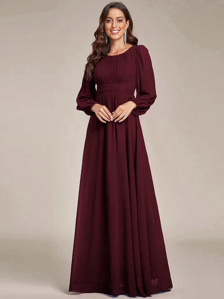 Long Sleeve Pleated Ruched A-Line Floor Length Bridesmaid Dresses - 4