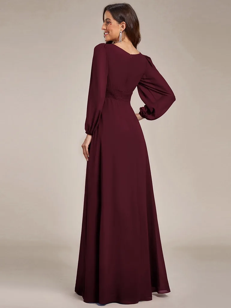 Long Sleeve Pleated Ruched A-Line Floor Length Bridesmaid Dresses - 1