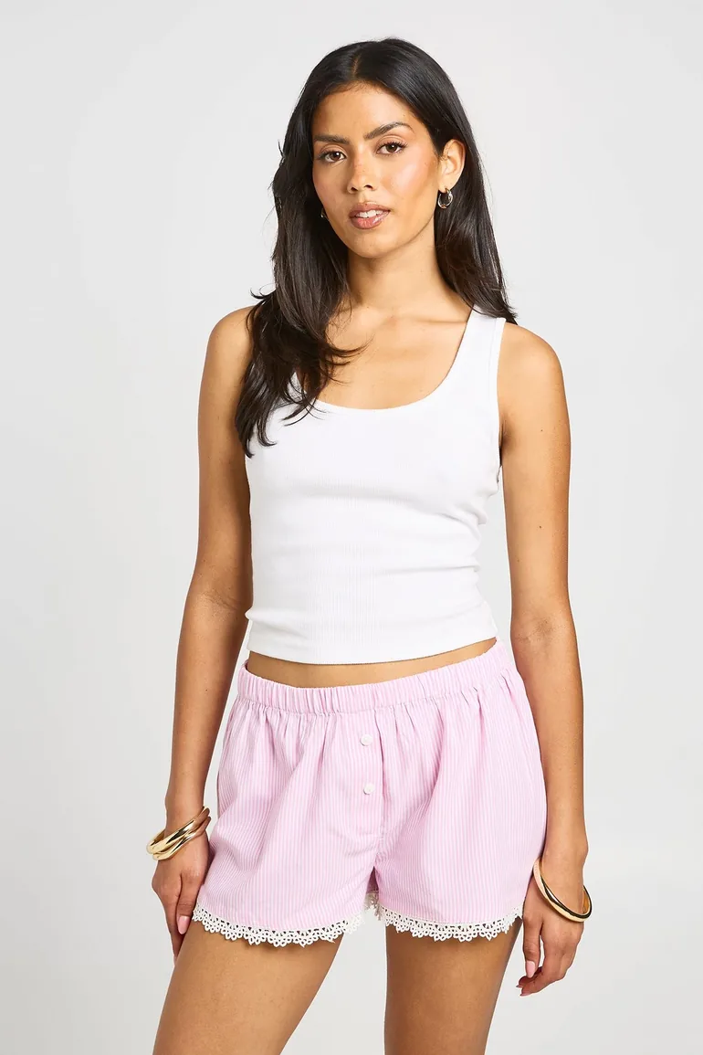 Cotton Poplin Striped Lace Trim Shorts - pink - 2