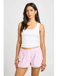 Cotton Poplin Striped Lace Trim Shorts - pink - 2