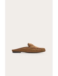 Tan Suede Ruched Round Toe Loafer Mule - 1