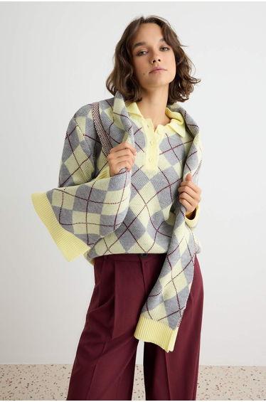Yellow Plaid Patterned Shawl Knitwear Sweater product thumbnail 3