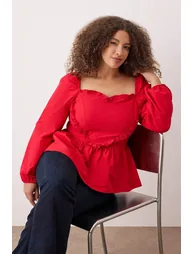 Teen Red Terrycotton Woven Plus Size Blouse - 2