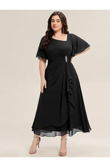 ever LILOU| Pleated Chiffon Ruffle Sleeve Wedding Guest Dress