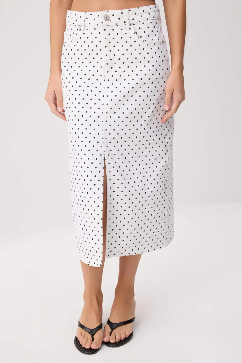 White Polka Dot Patterned Slit Midi Denim Skirt - 2