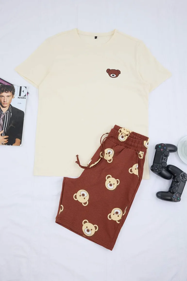Brown Couple/Pair Regular Teddy Bear Patterned 100% Cotton Shorts Men's Pajama Set