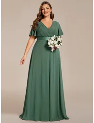pretty MONICA|Plus Size Empire Waist V Back Bridesmaid Dress with Short Sleeves - 3