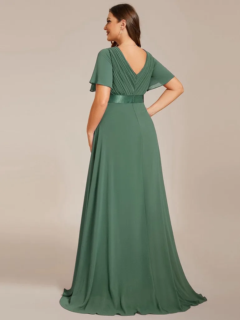 pretty MONICA|Plus Size Empire Waist V Back Bridesmaid Dress with Short Sleeves - 1