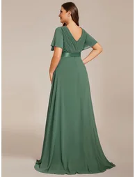 pretty MONICA|Plus Size Empire Waist V Back Bridesmaid Dress with Short Sleeves - 1