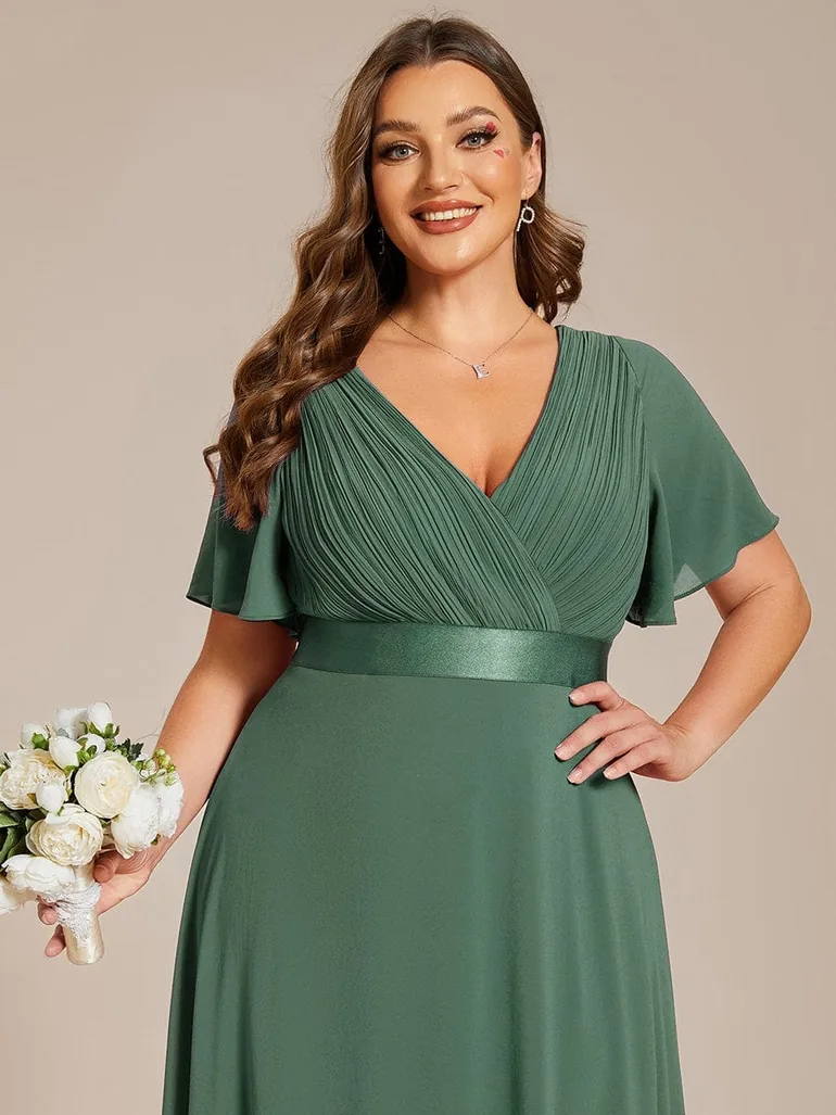 pretty MONICA|Plus Size Empire Waist V Back Bridesmaid Dress with Short Sleeves - 2