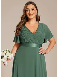 pretty MONICA|Plus Size Empire Waist V Back Bridesmaid Dress with Short Sleeves - 2