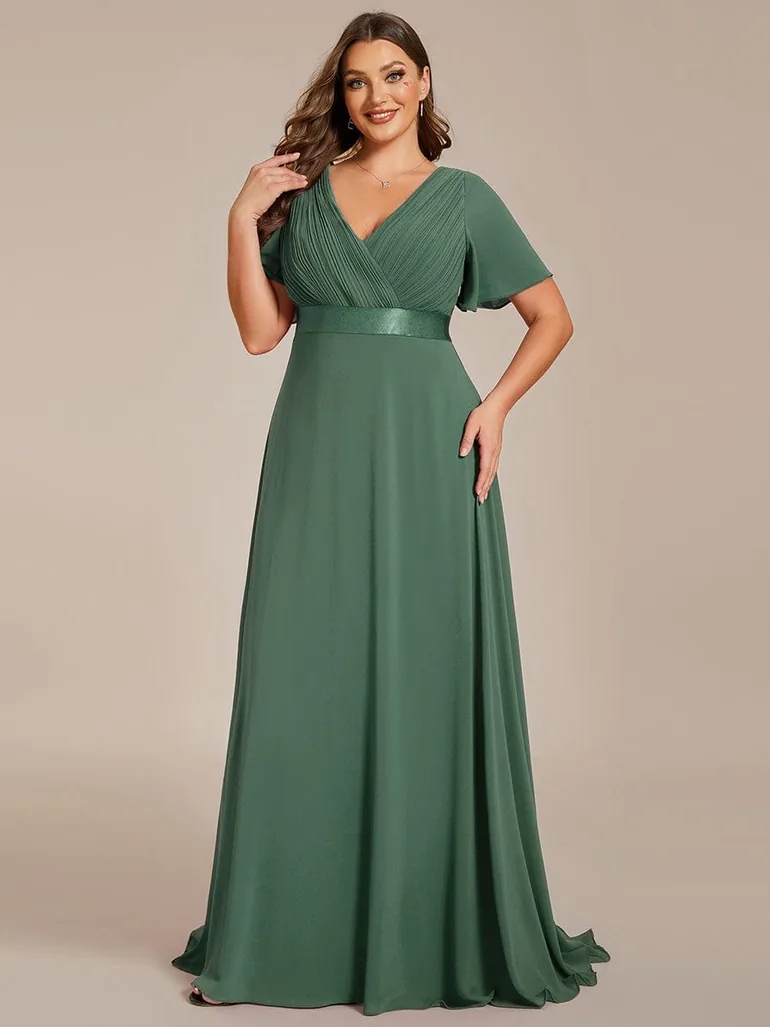 pretty MONICA|Plus Size Empire Waist V Back Bridesmaid Dress with Short Sleeves - 4