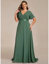 pretty MONICA|Plus Size Empire Waist V Back Bridesmaid Dress with Short Sleeves - 4