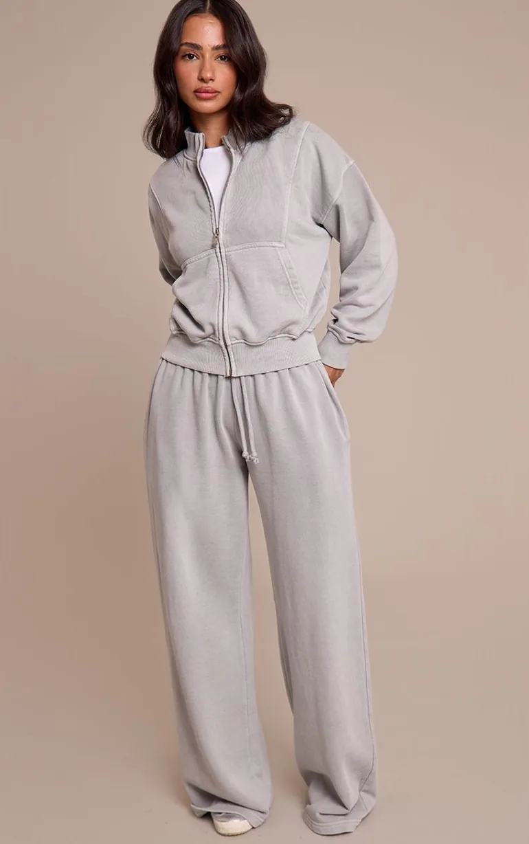 Petite Ash Grey Acid Wash Drawcord Straight Leg Jogger - 5
