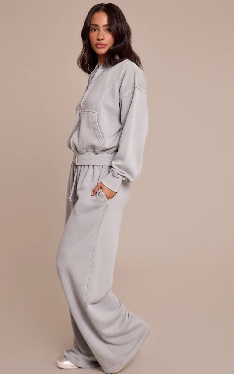 Petite Ash Grey Acid Wash Drawcord Straight Leg Jogger - 1