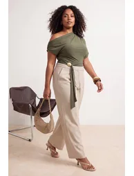 Khaki Asymmetric Collar Accessory Detailed Knitted Blouse