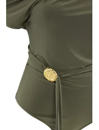 Khaki Asymmetric Collar Accessory Detailed Knitted Blouse - 4