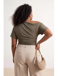 Khaki Asymmetric Collar Accessory Detailed Knitted Blouse - 2