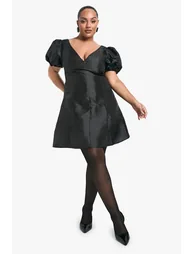 Plus Woven  Pleated Detailpuff Sleeve Skater Dress - black