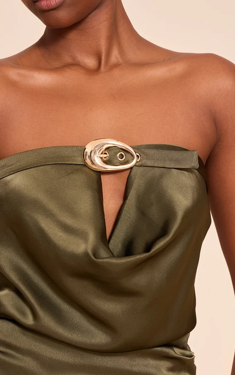 Dark Khaki Satin Bandeau Ruched Belt Trim Detail Mini Dress - 3