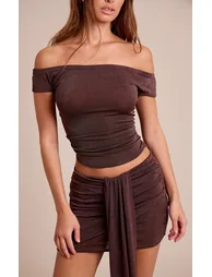Taupe Textured Drape Wrap Over Mini Skirt - 1