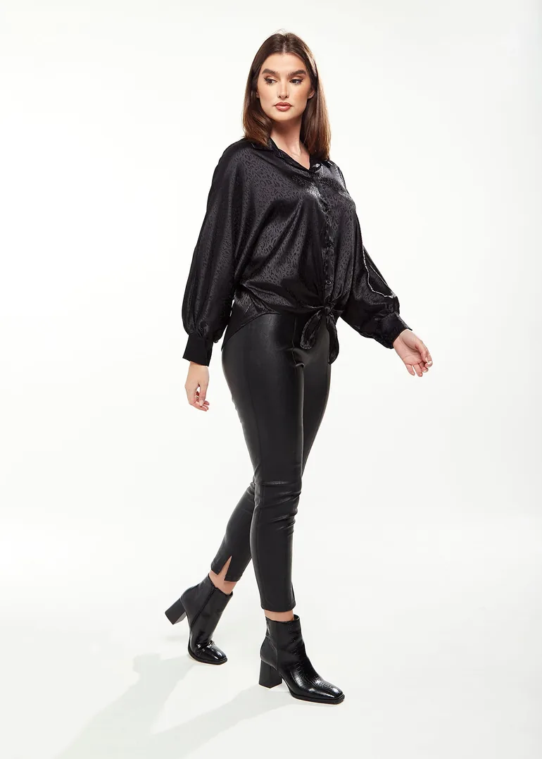 Women's Divine Grace Leopard Jacquard Shirt with Front Waist Tie in Black