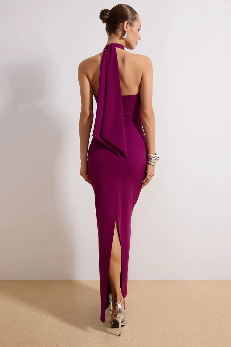 Plum Rose Detailed Woven Long Evening Dress & Graduation Dress - 3