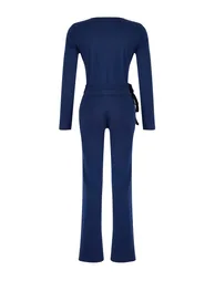 Navy blue double-breasted closure body-fitting long sleeve stretch knit top and bottom set - 6