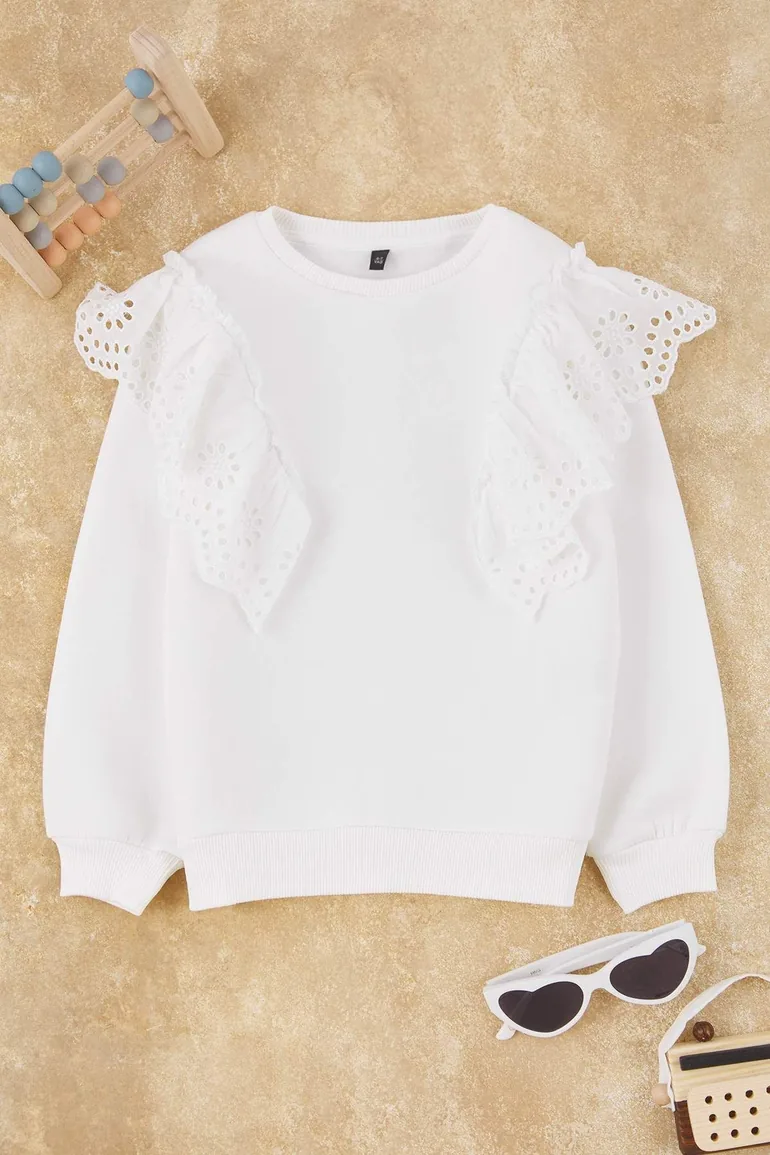 Ecru Girl's Cotton Plain Crew Neck Regular Knitted Sweatshirt