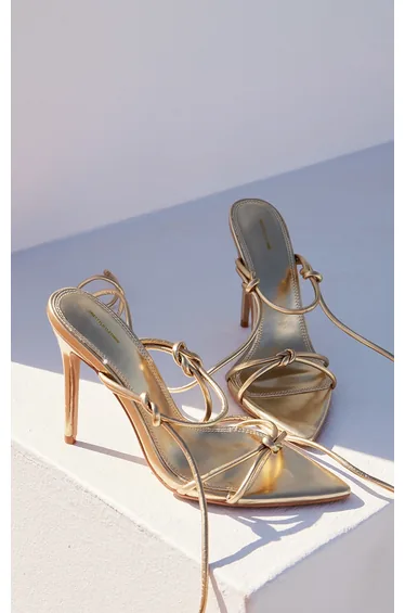 Gold PU Point Toe Metallic Strappy Lace Up Heeled Sandals