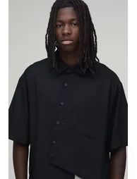 Oversized Boxy Asymmetric Linen Half Sleeve Shirt - black - 2