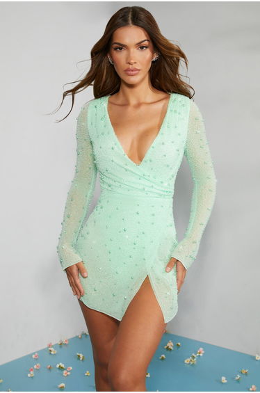 Embellished Wrap Over A-Line Mini Dress in Mint
