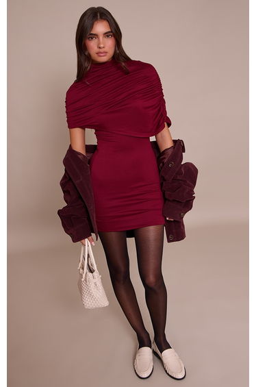 Burgundy Double Contour Asymmetric Overlay Detail Bodycon Dress product thumbnail 3