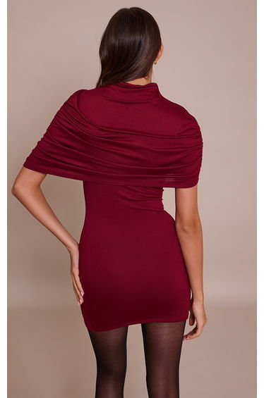 Burgundy Double Contour Asymmetric Overlay Detail Bodycon Dress product thumbnail 2
