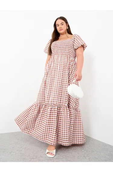 Plus Size Gingham Print Puff Sleeves A-Line Maxi Dress