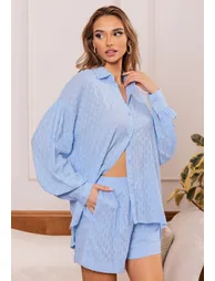 Laid Back Eyelet Oversized Shirt and Shorts Set in Blue - 2
