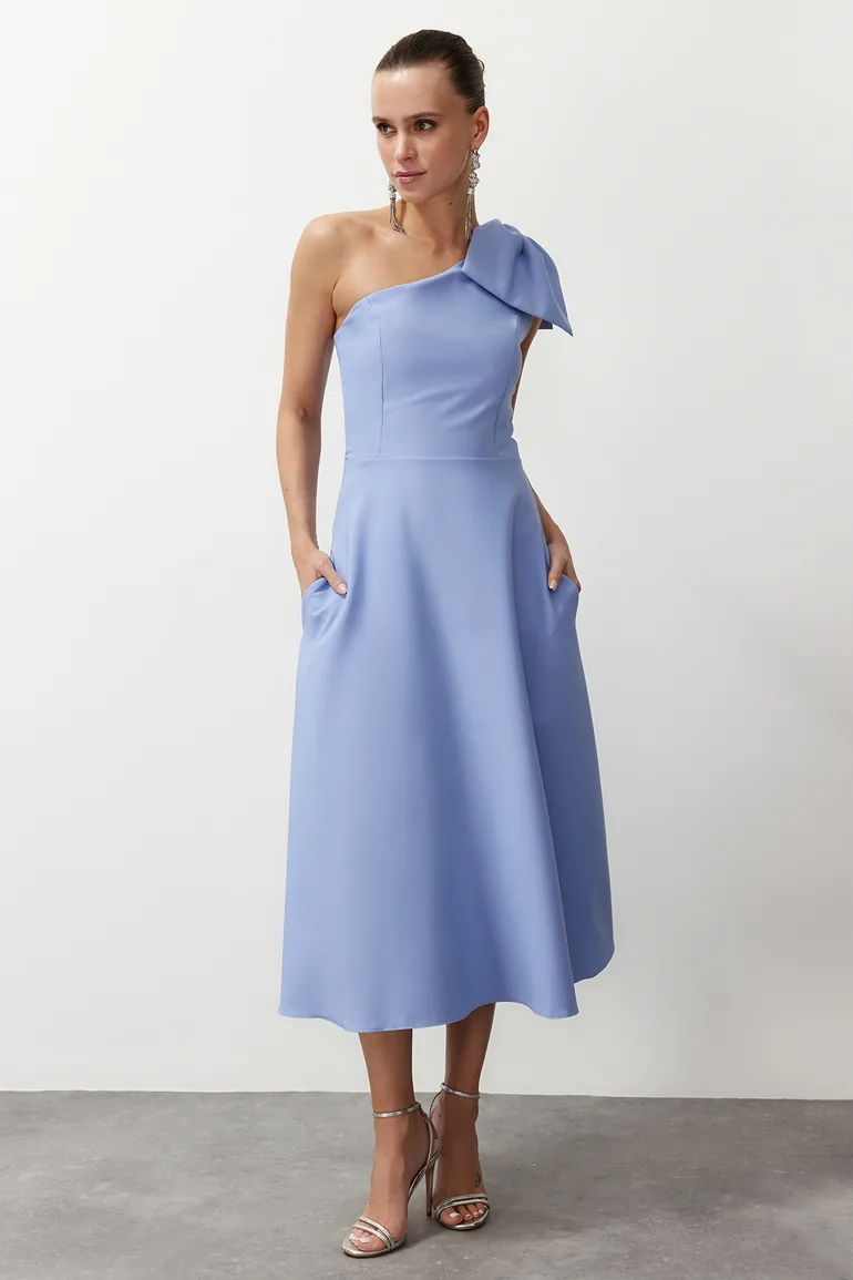Light Blue Bow Detailed Elegant Evening Dress