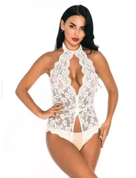 White Floral Lace Halter Neck Bodysuit