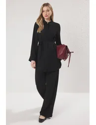 Black Gold Button Detail Aerobin Shirt-Pants Woven Bottom-Top Set