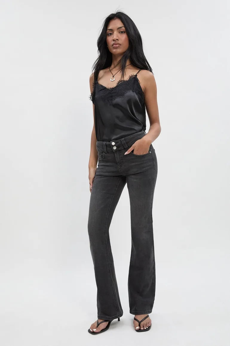 Low Waist Double Button Flared Jean - washed black