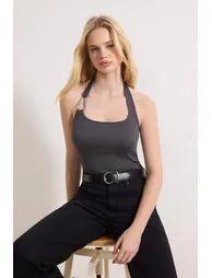 Anthracite Fitted/Bodycon Halter Neck Accessory Detail Soft Knitted Blouse - 1