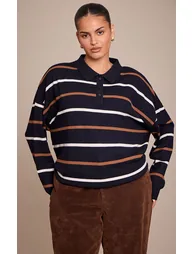 Plus Navy Stripe Polo Knit Long Sleeve Rugby Top - 5