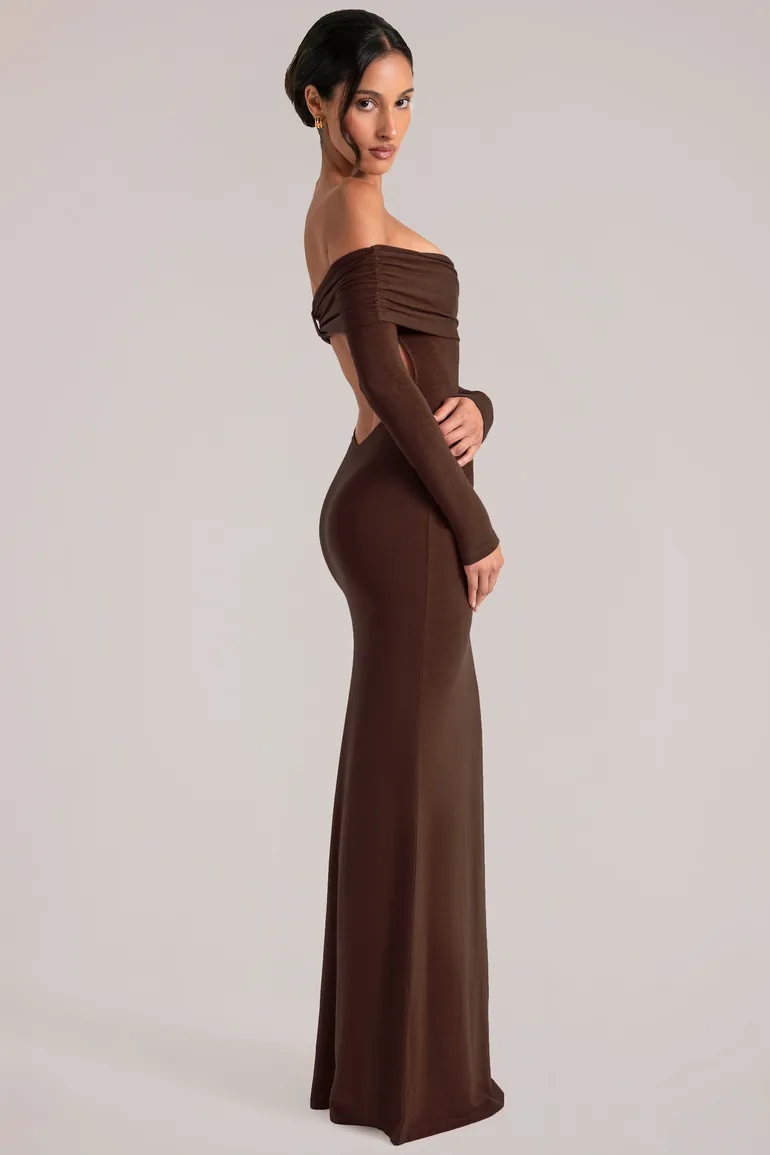 Off-Shoulder Long-Sleeve Maxi Dress in Chocolate Brown - 3