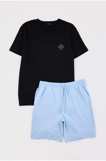Black Blue Regular Fit Slogan Printed 100% Cotton Knitted Pajama Set product thumbnail 2