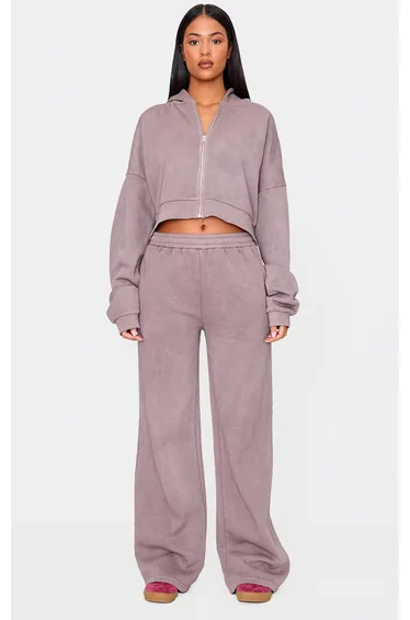 Tall Washed Brown Crop Boxy Zip Through Hoodie