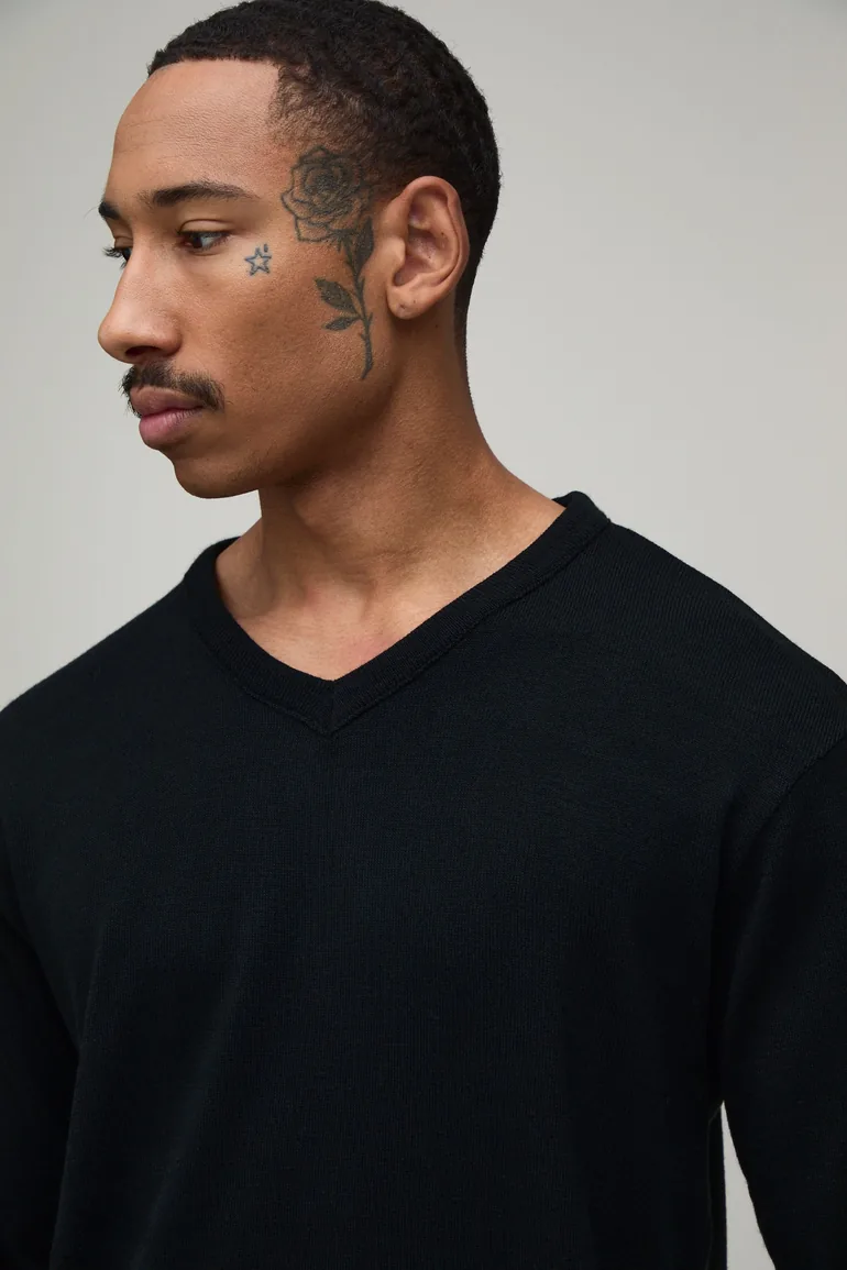 Regular Fit V Neck Soft Touch Knitted T-Shirt - black - 2